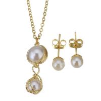 Fashion Stainless Steel Jewelry Sets Stud Earring & necklace with brass bail & Plastic Pearl gold color plated oval chain & for woman 26mm 1.5mm 6mm Length Approx 17 Inch Sold By Set