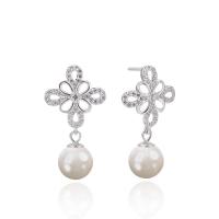 Cubic Zirconia Micro Pave Sterling Silver Earring 925 Sterling Silver with Shell Pearl Geometrical Pattern silver color plated with plastic earnut & micro pave cubic zirconia & for woman & hollow 8.6mm Sold By Pair