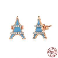Cubic Zirconia Micro Pave Sterling Silver Earring 925 Sterling Silver Eiffel Tower rose gold color plated micro pave cubic zirconia & for woman & enamel Sold By Pair