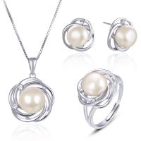 925 Sterling Silver Jewelry Sets Stud Earring & pendant & finger ring with Freshwater Pearl platinum plated adjustable & micro pave cubic zirconia & for woman  5.2mm 9mm US Ring .5-9 Sold By Set