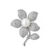 Fashion Brooch Jewelry Brass with Plastic Pearl Flower platinum plated micro pave cubic zirconia & for woman nickel lead & cadmium free Sold By PC