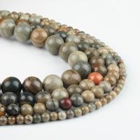 Perles bijoux en pierres gemmes, Jaspe de feuille argentée, Rond, brun, 98/brin, Vendu par brin