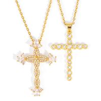 Cubic Zircon Micro Pave Brass Necklace with 1.97 inch extender chain Cross 18K gold plated Unisex & micro pave cubic zirconia metallic color plated Sold Per Approx 17.7 Inch Strand