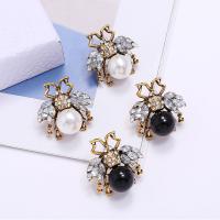 Zinc Alloy Stud Earring with Plastic Pearl Insect gold color plated for woman & with rhinestone nickel lead & cadmium free Sold By Pair
