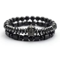 Natural Black Stone & Hematite Bracelets with Skull Brass Charms plated for man 50mm Sold By Strand