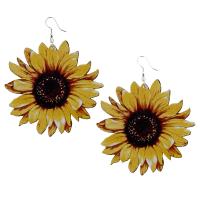 Wood Drop Earring with Zinc Alloy Sunflower for woman yellow 70mm Sold By Lot