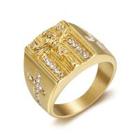 Stal nierdzewna Rhinestone Ring Finger, Stal nierdzewna 316L, Pączek, Powlekane, biżuteria moda & z kamieniem, złoty, bez zawartości niklu, ołowiu i kadmu, 19mm, rozmiar:7-14, sprzedane przez PC