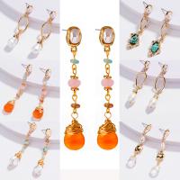 Zinc Alloy Drop Earrings with Gemstone & Freshwater Pearl gold color plated & for woman nickel lead & cadmium free Sold By Pair