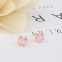 Natural Quartz Earrings Cupronickel with Rose Quartz Cat plated fashion jewelry & for woman pink 8*8*5mm Sold By Pair