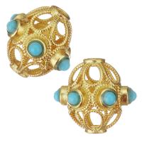 Messing hohle Perlen, goldfarben plattiert, blau, 14x13x12.5mm, Bohrung:ca. 2.5mm, 30PCs/Menge, verkauft von Menge