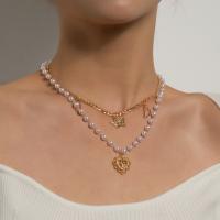 Mode-Multi-Layer-Halskette, Zinklegierung, mit Kunststoff Perlen, plattiert, Modeschmuck, keine, verkauft von Strang
