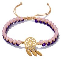 Gemstone Woven Ball Bracelets Amethyst with Wax Cord & Stainless Steel fashion jewelry multi-colored Sold By Strand