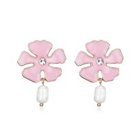 Zinc Alloy Drop Earrings with Plastic Pearl gold color plated for woman & enamel pink nickel lead & cadmium free Sold By Pair