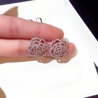 Zinc Alloy Stud Earring Rose silver color plated for woman & with rhinestone & hollow nickel lead & cadmium free Sold By Pair