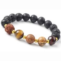 Natural Black Lava & Mixed Gemstone Bracelets with Brass Spacer Picture Jasper & Bodhi & Red Tiger Eye Stone Bead DIY multi-colored  Sold By Strand