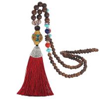 Wood Sweater Necklace with zinc alloy bead & Gemstone & Cotton Cord for woman 120mm 110mm Sold By Strand