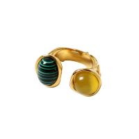 Messing Manchet Finger Ring, met Cats Eye & Malachiet, 18K verguld, verstelbaar & voor vrouw, nikkel, lood en cadmium vrij, 18mm, Maat:7.5-8, Verkocht door PC