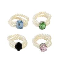 Zoetwater Parel Finger Ring, met Elastische draad & Glas Edelsteen, Geometrisch Patroon, verstelbaar & voor vrouw, meer kleuren voor de keuze, Maat:6-8, Verkocht door PC