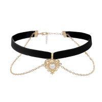 Velvet Choker Zinc Alloy with Velveteen & Plastic Pearl with 2.76 inch extender chain gold color plated for woman & with rhinestone Sold Per Approx 12.6 Inch Strand