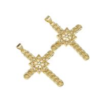 Wisiorki mosiężne z kryształem górskim, Mosiądz, Krzyż, z kamieniem, złoty, 36x26x4mm, otwór:około 4mm, sprzedane przez PC