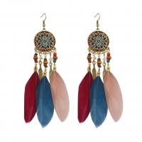 Fashion Feather Earring Zinc Alloy with Seedbead & Feather & Wood gold color plated dyed & folk style & for woman Sold By Pair
