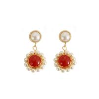Agate Earring Brass with Red Agate & Plastic Pearl gold color plated for woman & enamel reddish orange Sold By Lot