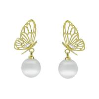 Cats Eye Earring Zinc Alloy with Cats Eye Butterfly gold color plated for woman & with rhinestone golden Sold By Pair