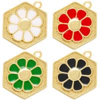 Brass Jewelry Pendants Octagon gold color plated with flower pattern & enamel Sold By Lot