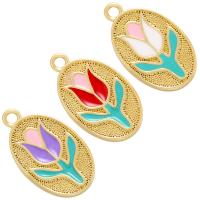 Brass Jewelry Pendants Ellipse gold color plated with flower pattern & enamel Approx 1.5mm Sold By Lot