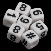 Número Acrílico Bead, acrilico, Cubo, padrão misto & com padrão de número & cor sólida, branco, 6x6mm, 2750PCs/Bag, vendido por Bag