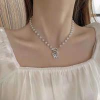Plastic Pearl Necklace zinc alloy toggle clasp Butterfly plated rolo chain & for woman & with rhinestone Length Approx 14.17 Inch Sold By PC