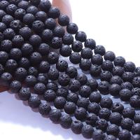 Perles de lave naturelle, lave volcanique, Rond, poli, DIY, noire, Vendu par 38 cm brin