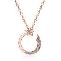Brass Necklace, with Rhinestone, Moon and Star, rose gold color plated, round link chain & for woman, rose gold color, nickel, lead & cadmium free, 12.50x14.65mm, Sold By PC