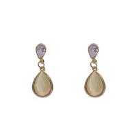 Cats Eye Earring Zinc Alloy with Cubic Zirconia & Cats Eye 925 thailand sterling silver post pin Teardrop gold color plated for woman golden Sold By Pair