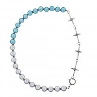 Collar de perlas de plástico, Partículas de acero, con Perlas plásticas, Cruces, chapado en color de plata, unisexo, azul, longitud aproximado 45 cm, Vendido por UD