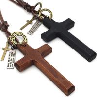 Sweater Chain Necklace leather cord with Wood & Zinc Alloy Cross gold color plated Length Adjustable & Unisex Length Approx 40 cm Sold By PC