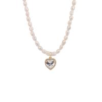 Natural Freshwater Pearl Necklace Zinc Alloy with Cubic Zirconia & Freshwater Pearl Heart gold color plated for woman white Length Approx 46 cm Sold By PC