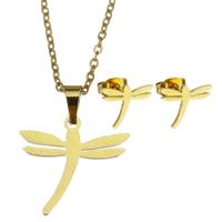 Fashion Stainless Steel Jewelry Sets Stud Earring & necklace Dragonfly for woman golden 19*17mm 1.5mm 11*9mm Length 17 Inch Sold By Set