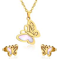 Fashion Stainless Steel Jewelry Sets Stud Earring & necklace with Shell Butterfly plated for woman 30*26mm 9.5*12mm Length 17.72 Inch Sold By Set