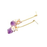 Natural Quartz Earrings Brass with 925 Sterling Silver & Freshwater Pearl & Amethyst 18K gold plated for woman purple 70mm Sold By Pair