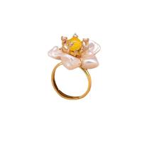 Freshwater Pearl Finger Ring with 925 Sterling Silver & Gemstone Flower gold color plated for woman & with rhinestone white 28mm Sold By PC