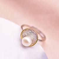 Zoetwater Parel Finger Ring, 925 sterling zilver, met Zoetwater Parel, gold plated, Verstelbare & voor vrouw, 30mm, Verkocht door PC