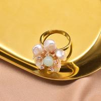Freshwater Pearl Finger Ring 925 Sterling Silver with Freshwater Pearl Flower gold color plated Adjustable & for woman & with rhinestone 28mm Sold By PC