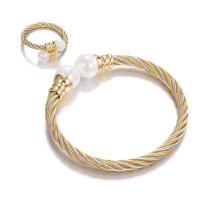 Conjuntos de joyería de acero inoxidable, brazale & anillo de dedo, con Perlas plásticas, chapado, para mujer, más colores para la opción, 62mm, 11mm, 22mm, 5mm, tamaño:13, Vendido por Set