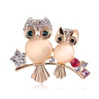 Cats Eye Brooch Zinc Alloy with Crystal Owl for woman & with rhinestone mixed colors Sold By PC