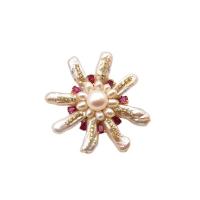 Freshwater Pearl Brooch with Brass Flower for woman & with rhinestone white 48mm Sold By PC