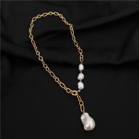 Freshwater Pearl Brass Chain Necklace, cobre, with Pérolas de água doce, cromado de cor dourada, para mulher, branco, comprimento Aprox 17.72 inchaltura, vendido por PC