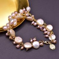 Sötvatten odlade Pearl Bracelet, Mässing, med Freshwater Pearl, 18K guldpläterad, för kvinna, lila rosa, Längd Ca 7.6 inch, Säljs av PC