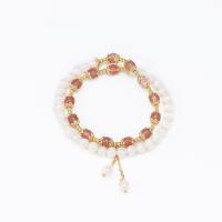 Freshwater Cultured Pearl Bracelet Freshwater Pearl with Strawberry Quartz & Zinc Alloy gold color plated Double Layer & for woman pink 6mm Sold Per Approx 5.9 Inch Strand