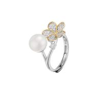 925 Sterling Silver Cuff Finger Ring with Freshwater Pearl Flower platinum plated & for woman & with rhinestone 14.60mm US Ring Sold By PC